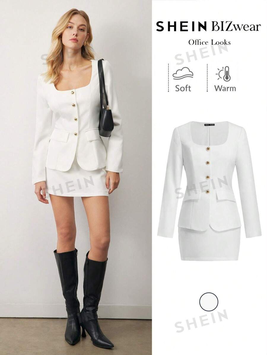 BizChic Conjunto informal de traje blanco para mujer, conformado por blazer y falda (2 piezas), atuendo blanco, traje de oficina para mujer, atuendo para Navidad
