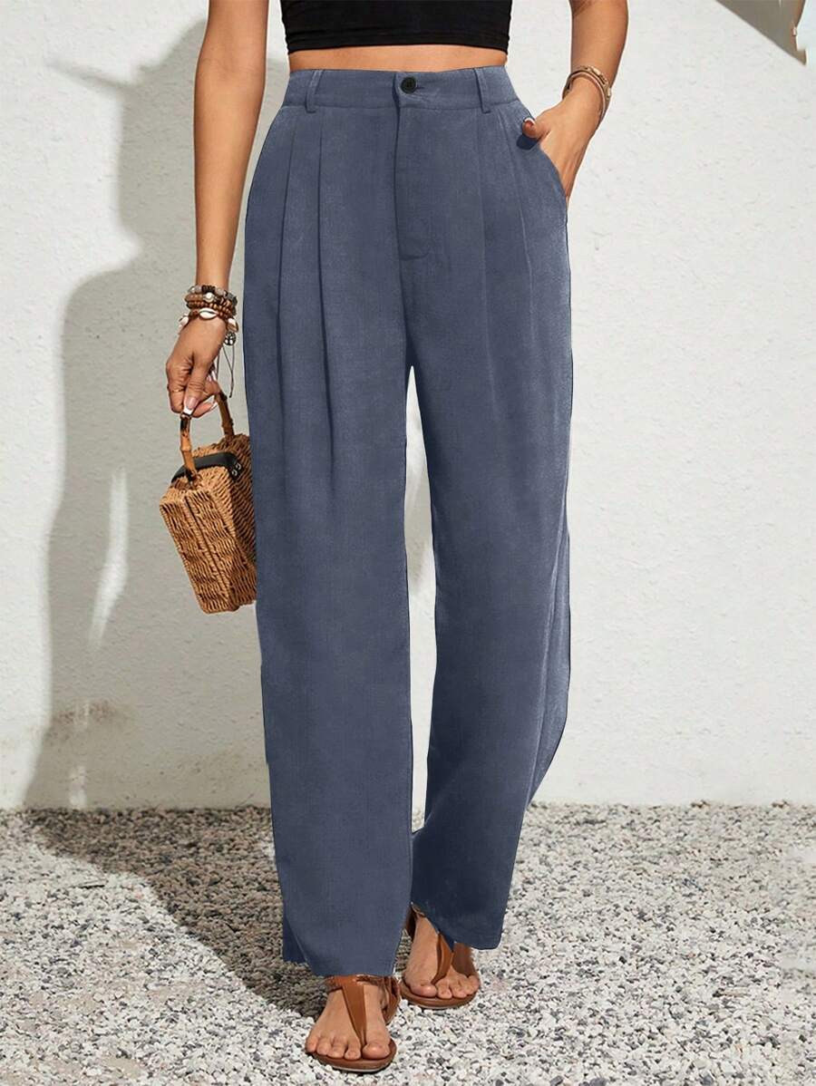 SHEIN VCAY Plus Size Holiday Casual Solid Color Pleated Straight Leg Pants