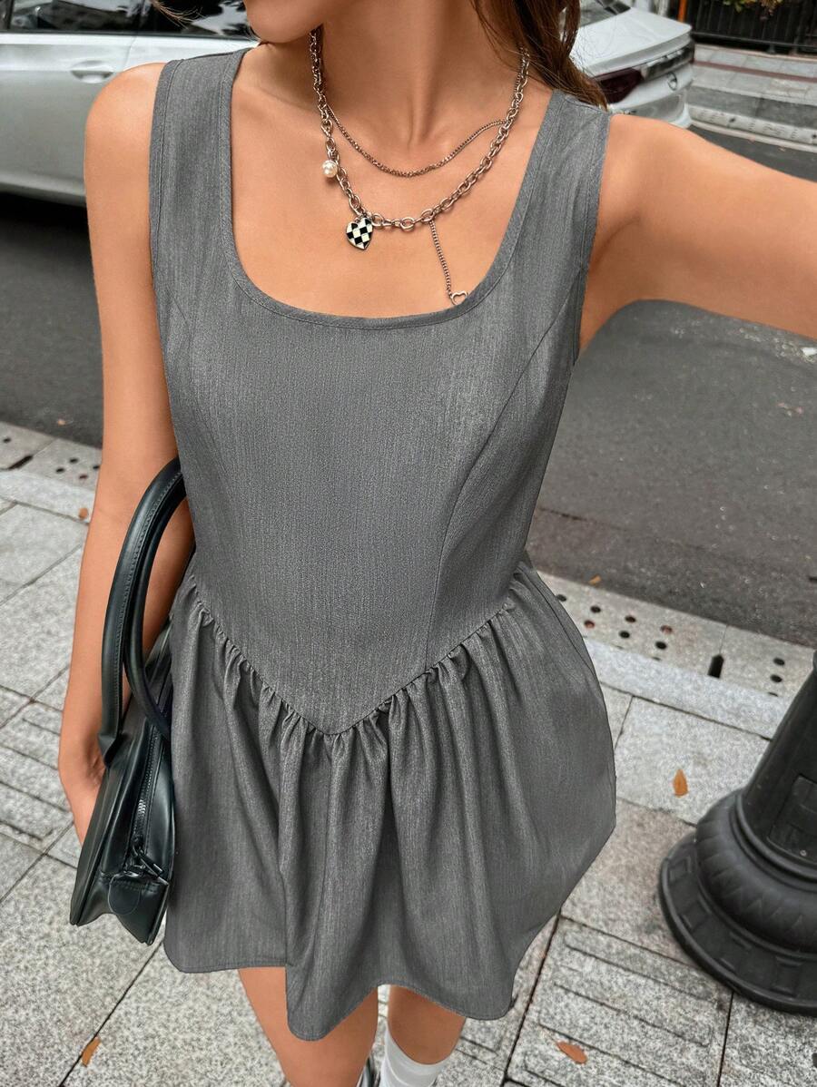 Chiquease Nieuwe Sexy en Street Style Vierkante Hals Mouwloze Jurk voor Dames, Geplooide Zoom A-lijn Ontwerp, Met Elastische Tailleband En Gestructureerde Stof, Effen Kleur, Mode Forens Casual Veelzijdige Slim Fit, Lente/Zomer/Herfst/Winter, Elegant En Exquise