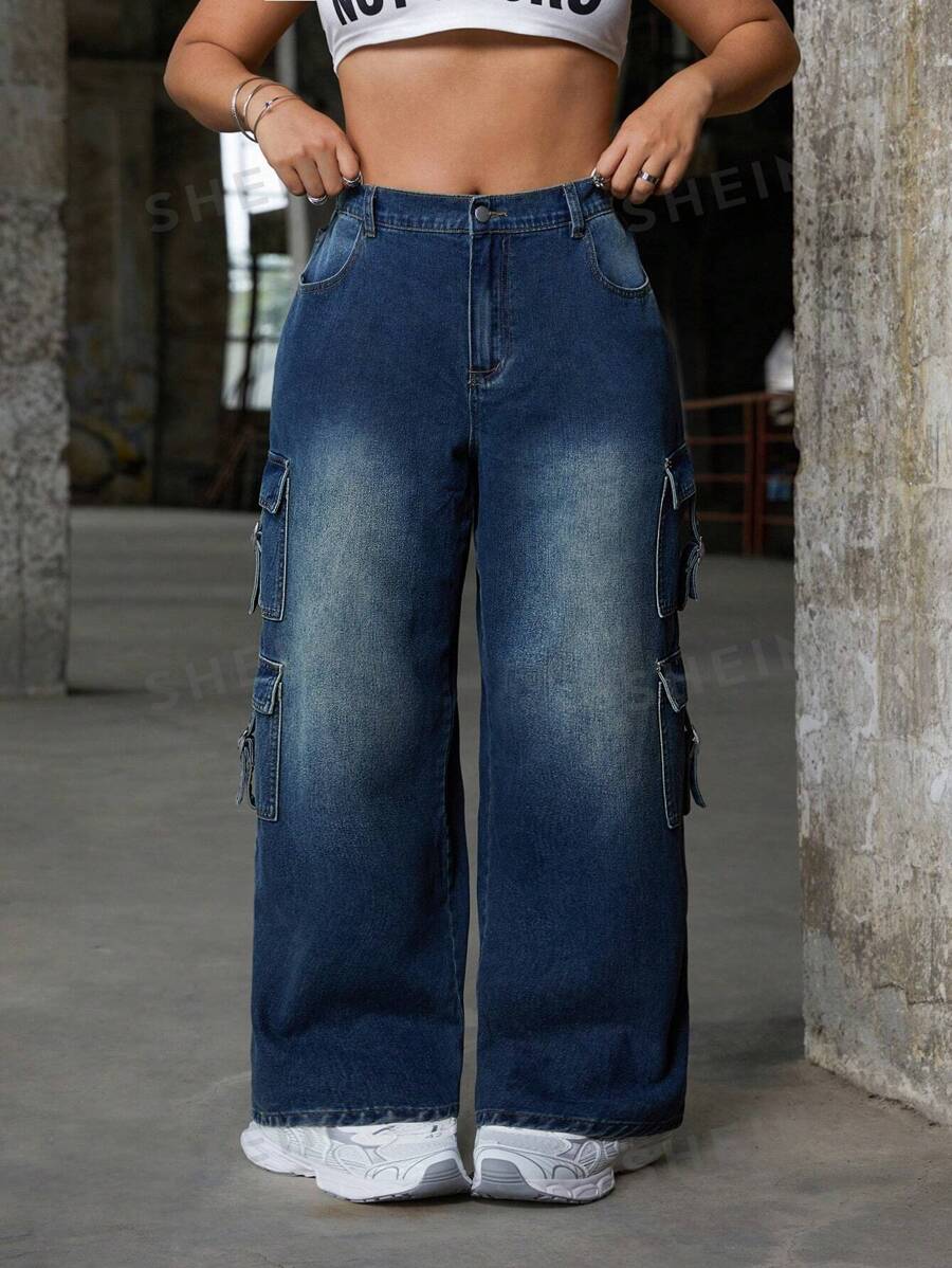 SHEIN ICON Jeans casuales de pierna ancha con múltiples bolsillos para mujeres de talla grande