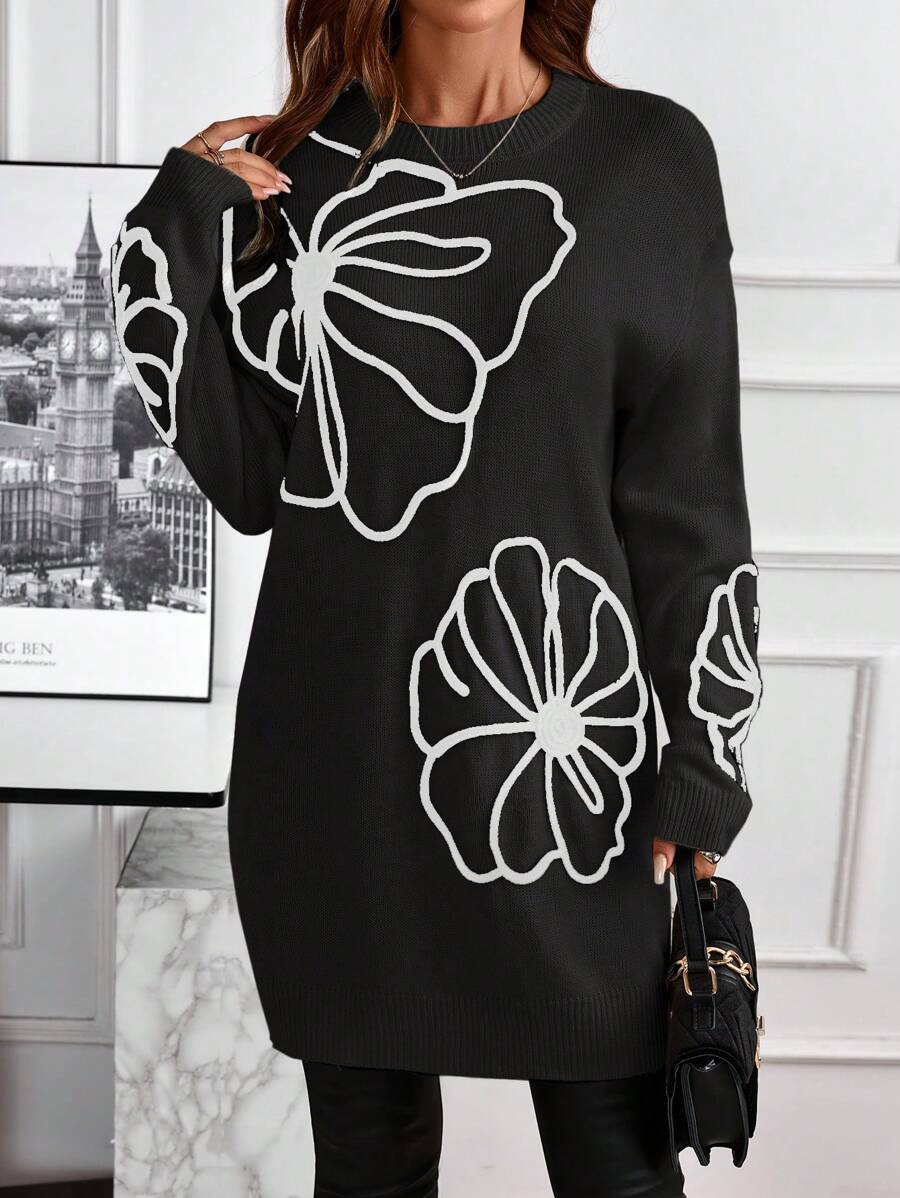 EMERY ROSE Women Embroidered Round Neck Long Sleeve Sweater Dress