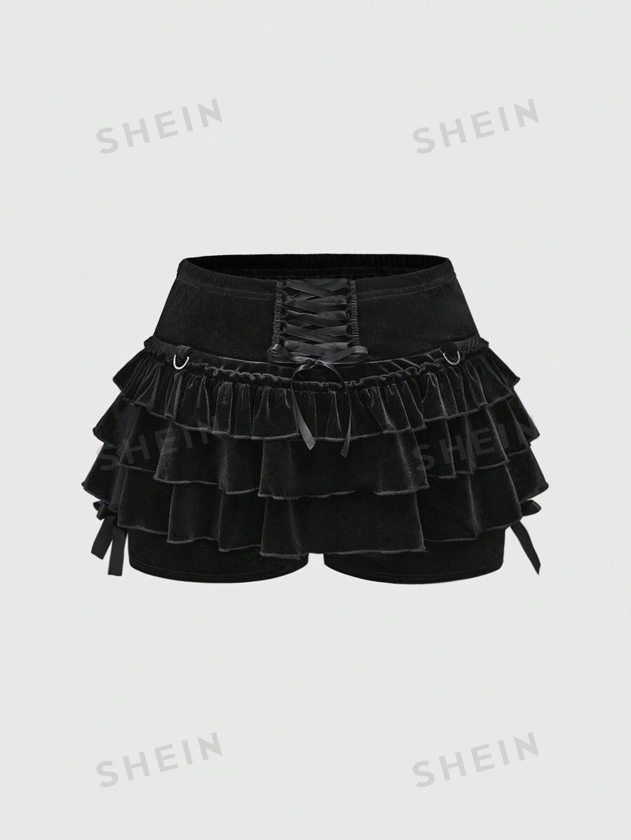 ROMWE Goth Pantalones cortos con falda de terciopelo estilo retro oscuro para el Día de San Valentín, con lazo en la cintura y forro, antideflagrantes, talla grande para mujeres