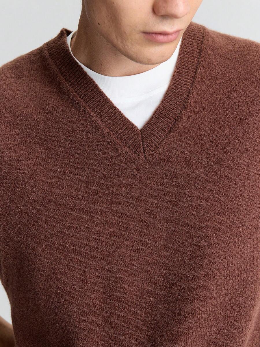 Ontre Men's Spring Brown Solid V-Neck Casual Loose Knitted Sweater Vest, Suitable For Parties, New Year
