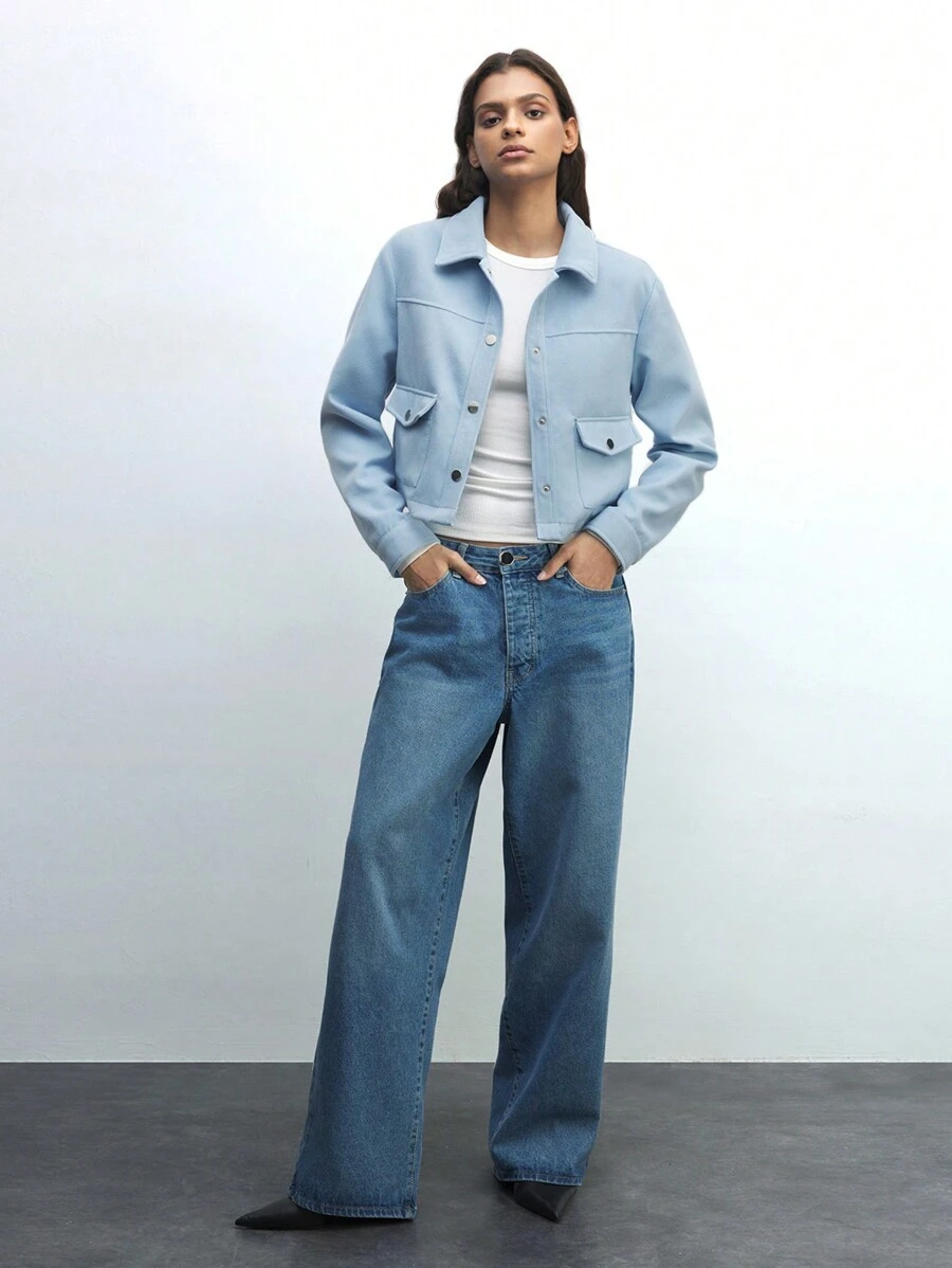 Maija Veste de travail polyvalente à manches longues, en mélange de laine, avec boutons frontaux, poches, de couleur bleu unicolore, pour femmes, idéale pour le printemps