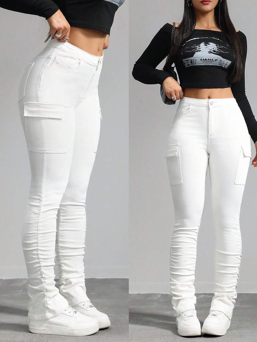 SHEIN Tall Women's Jeans White Skinny Stretch Work Pocket Pants Denim Jeans Pants Stacked Women Jeans Tall Women Pants Y2k Jeans Women Tights Cargo Pants Stacked Women Jeans Tall Women Pants