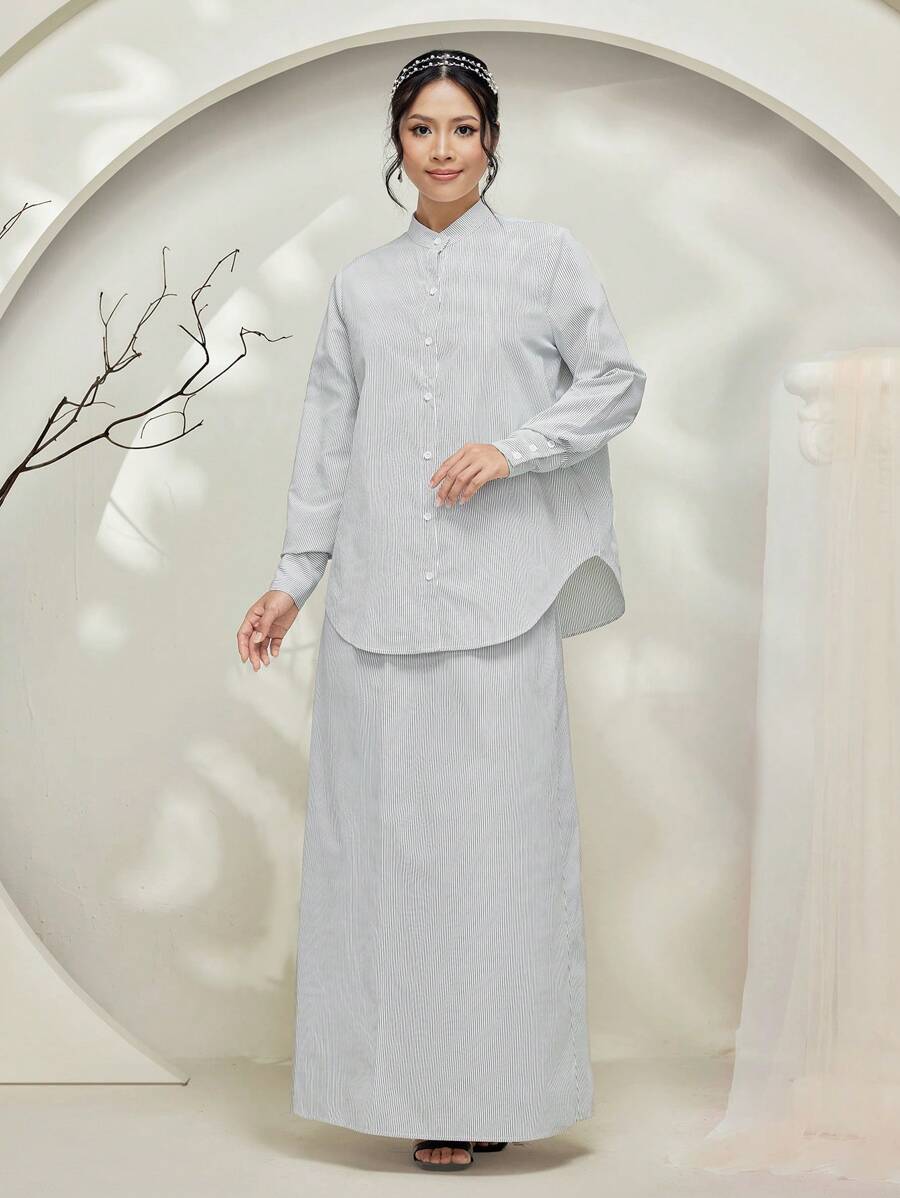 Veilorie Baju Kebaya Black & White Striped Women's Long Blouse And Skirt Two-Piece Set Modest
