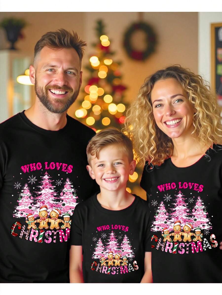 Manfinity Homme Camiseta de hombro regular talla negro, camiseta con árbol de Navidad para parejas, familias y fiestas
