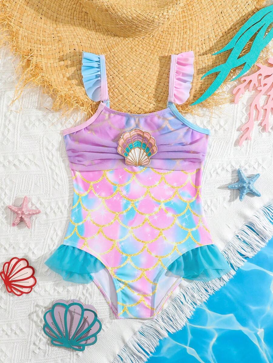 Young Girl' One-Piece Swimsuit With Cute Mermaid & Shell Print (Printed Pattern Randomly Assorted)