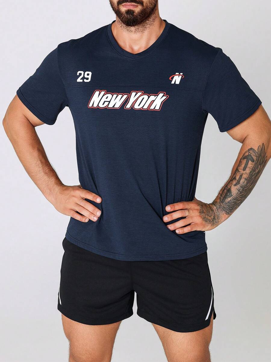 Manfinity Sport Corelite Boyfriend-Stil Herren Rundhals Kurzarm Lässig Sport T-Shirt mit Buchstaben-Muster