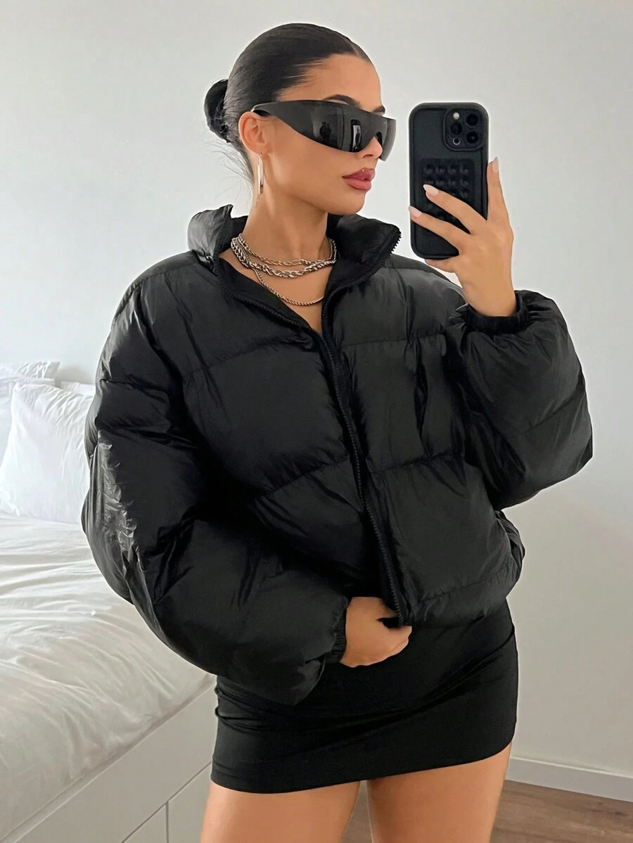 SHEIN ICON Women's Solid Color Front Zip-Up Long Sleeve Simple Casual Padded Coat