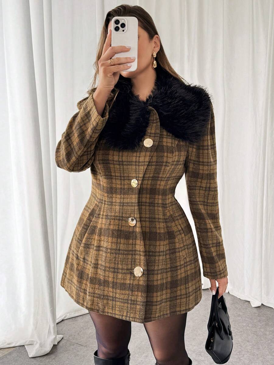 SHEIN Essnce Plus Size Women's Fashionable Casual Commuting Elegant Business Christmas Clothes Winter Clothes For Women Business Casual Woman Going Out Tops Women Vintage Winter Clothes Women Office Wear Women Winter Coat Coats For Women Winter Old Money Style Women Vintage Clothes Women Fluffy Coat Women Stitching False Collar Plaid Waist Coat