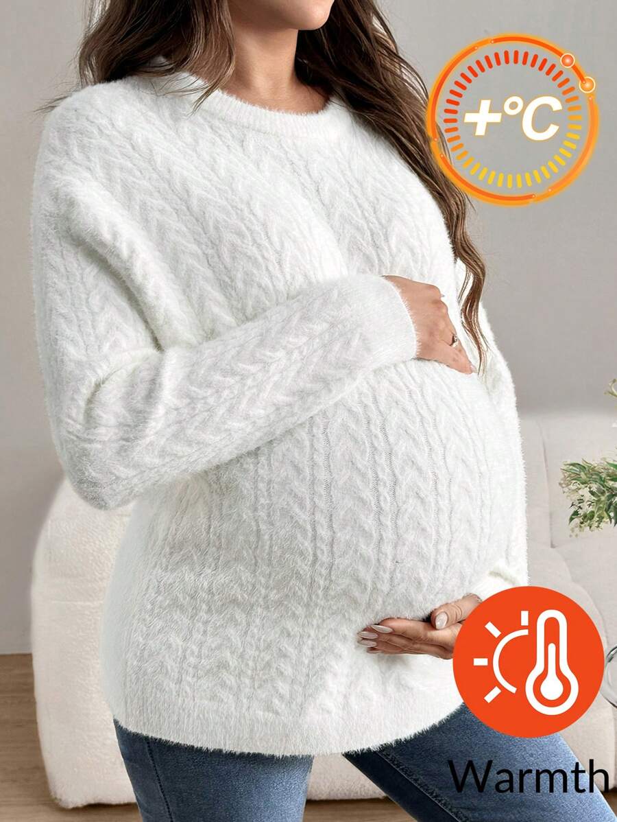 SHEIN Suéter de punto para maternidad, cálido y forrado térmicamente con cuello redondo y manga larga para mujeres embarazadas, otoño/invierno