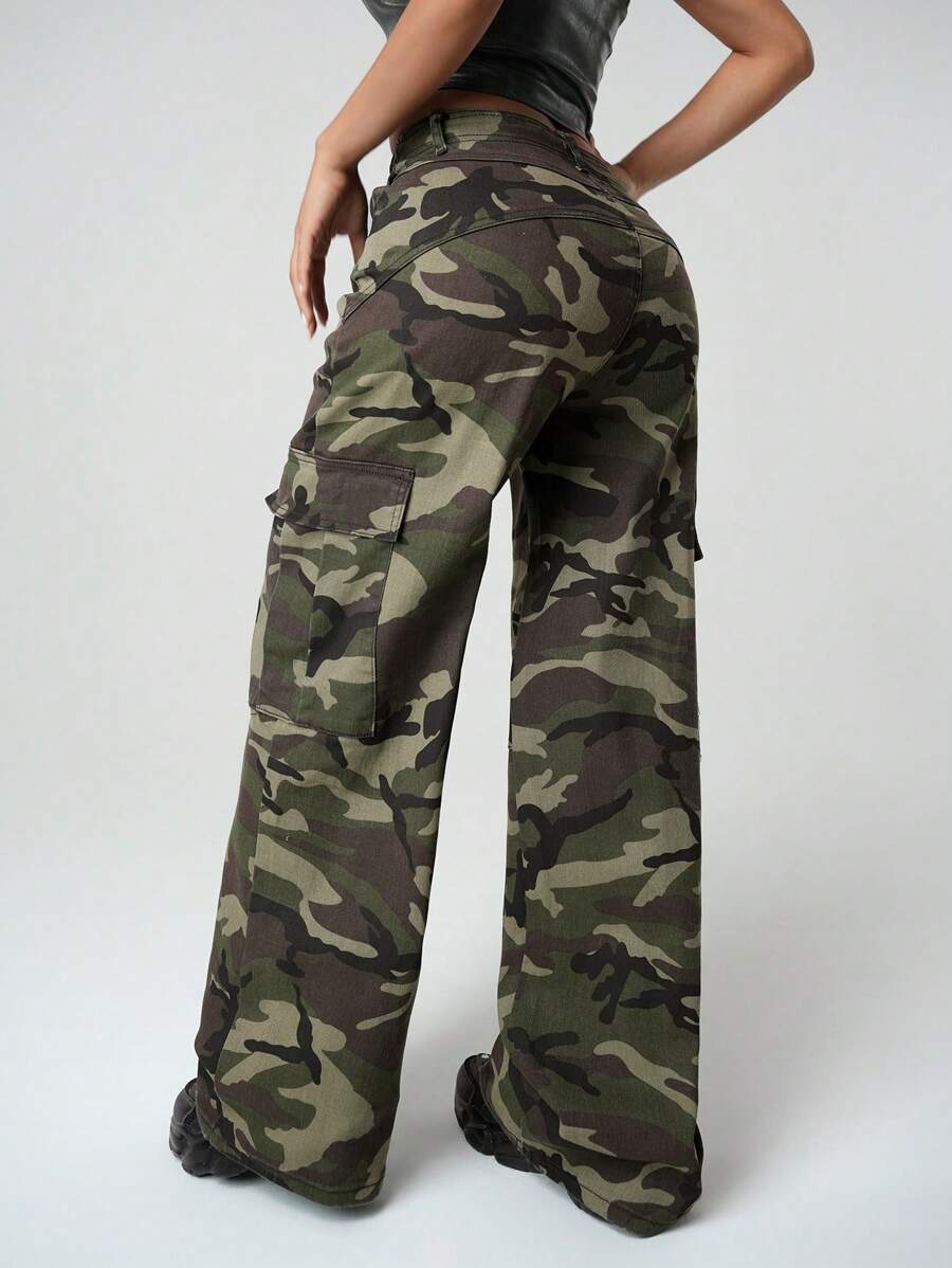 SHEIN ICON Women's Front Button Pocket Simple Casual Y2k Holiday New Years Baggy Camo Cargo Denim Low Waist Camouflage Jeans