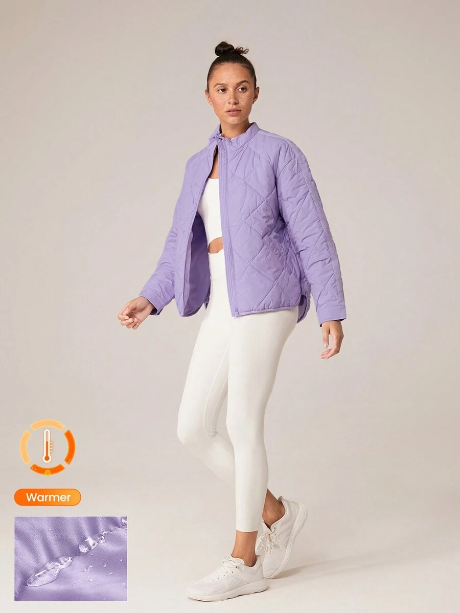 GLOWMODE Lightweight Warm Matte Quilted High Collar Relaxed Fit Curved Slits Hem Jacket With Snap Closure Side Pockets Daily Casual Winter