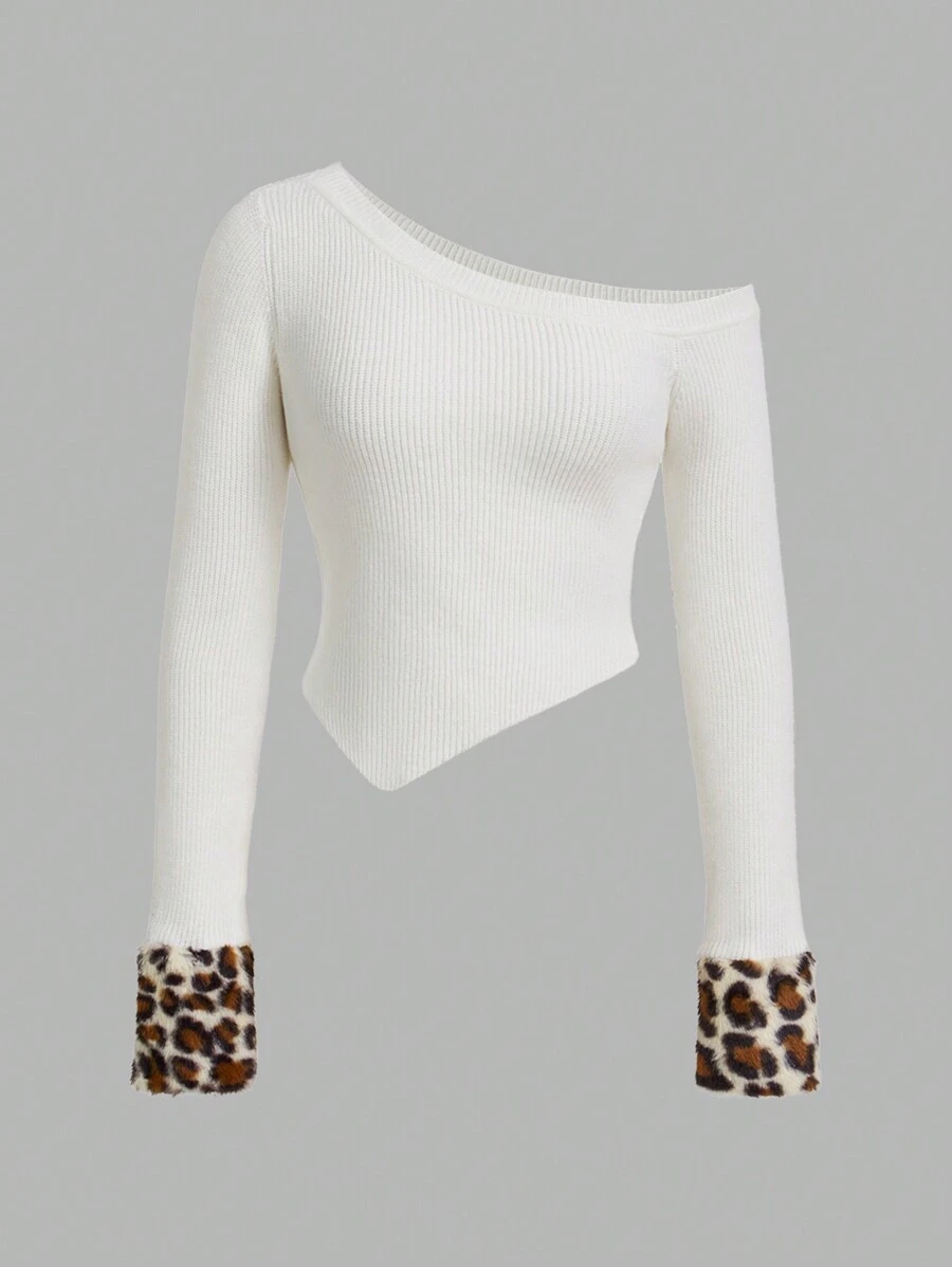 SHEIN ICON Women Off Shoulder Long Sleeve Leopard Pattern Patchwork Furry Cropped White Sweater