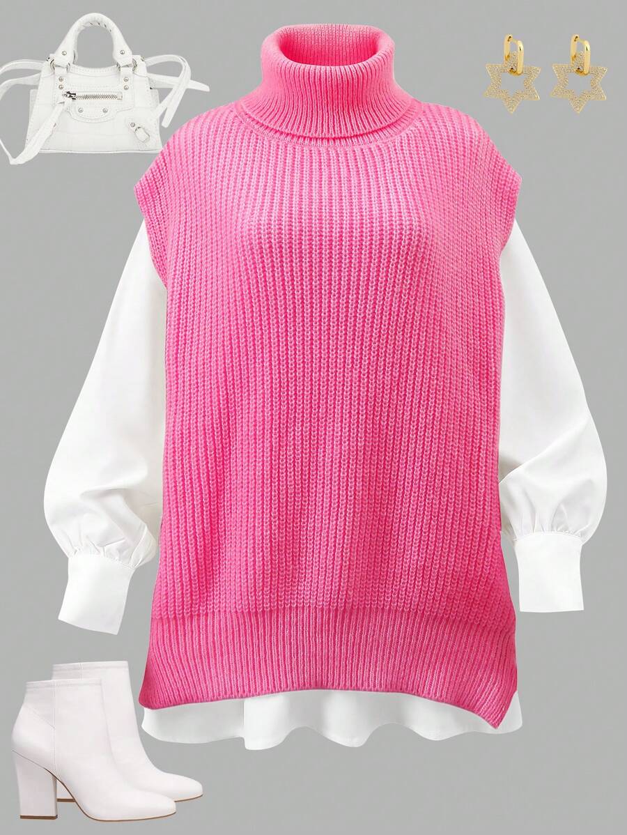 Set de 2 piezas: Top informal de cuello alto y camisa en unicolor para adolescentes