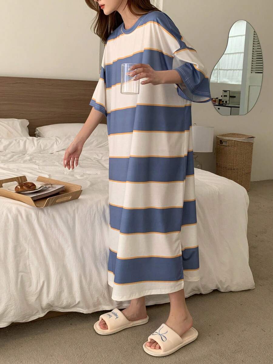 DAZY Casual Wide Striped Loose Short Sleeve Homewear Dress