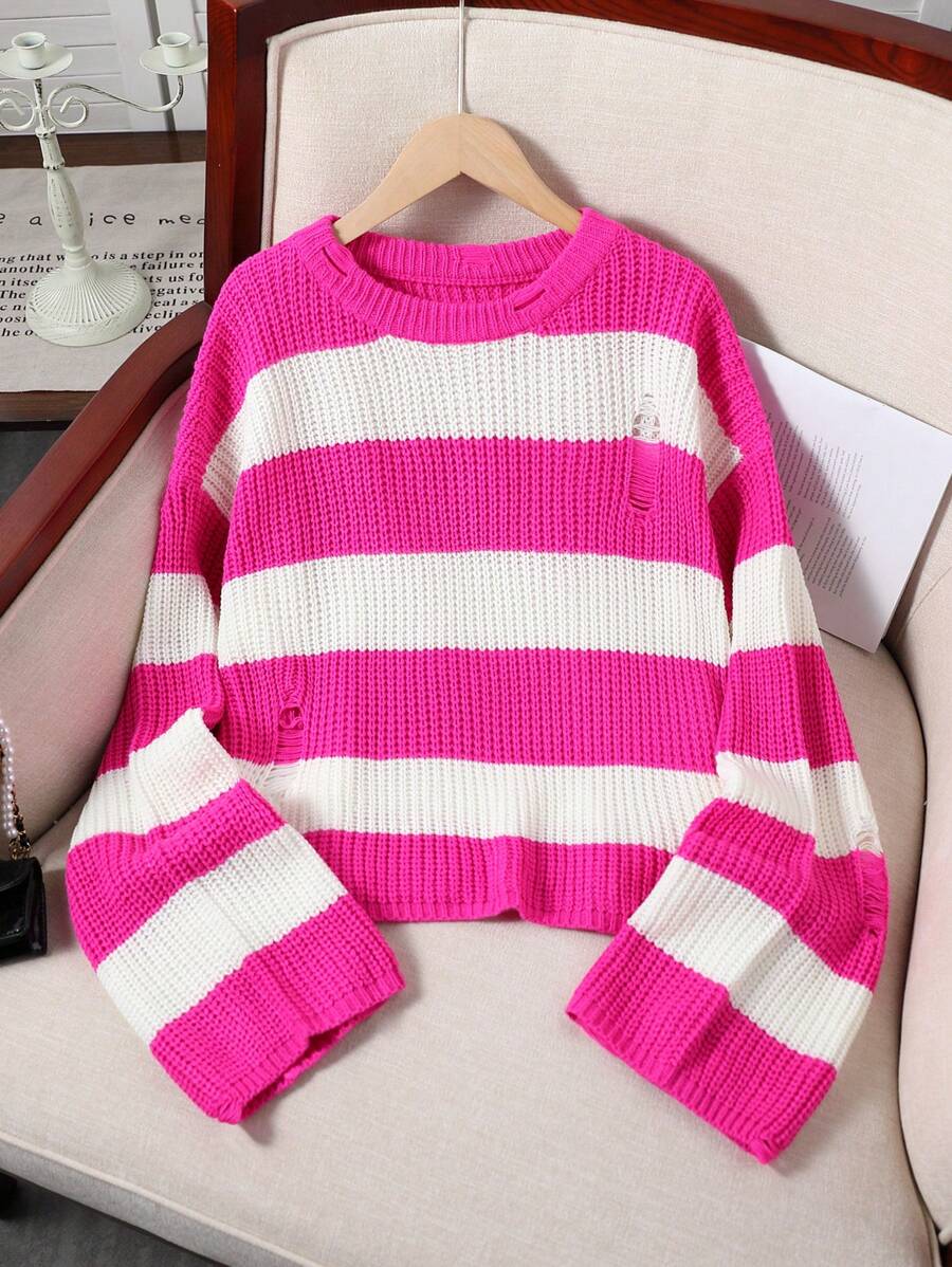 SHEIN Teenager Mädchen Street Cool Herbst/Winter Strickpullover, Mode Neu Flach, Fuchsia und Weiß Kontrastfarbe zeigt Charme, Street Cool Vibe kurz, locker sitzend, bequem, lässiges zerfranstes Persönlichkeit Rundhals Strickpullover kann mit Jeans und Röcken kombiniert werden, Weiche Stoffe schmeicheln der Haut der Mädchen. Geeignet für verschiedene Anlässe wie Zuhause, Reisen, Einkaufen, Treffen, Ausgehen mit Freunden, Partys, Präsentation des ICON-Charmes
