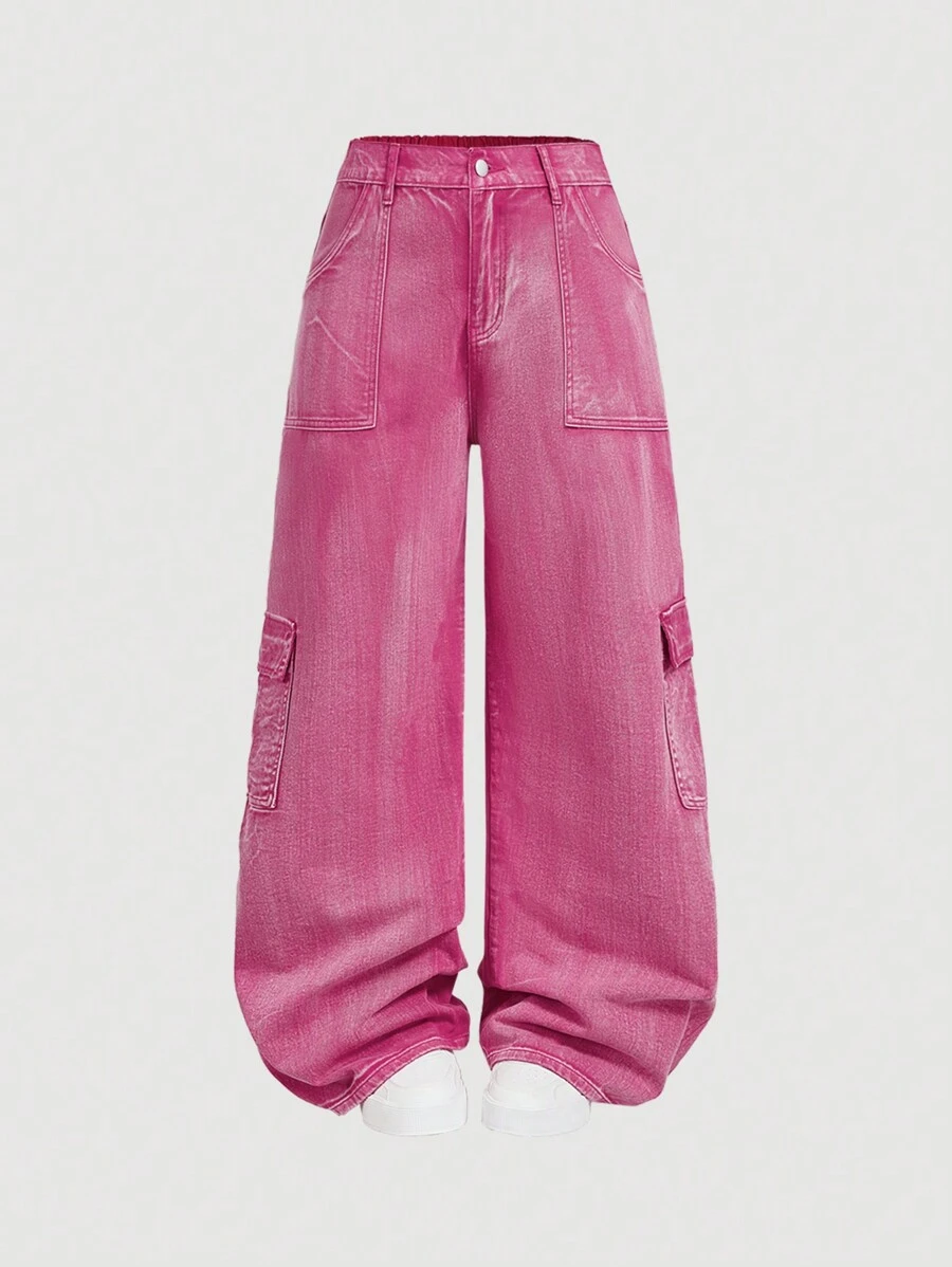 SHEIN EZwear Plus Size Relaxed Straight Leg Jeans, Pink Valentine's Day Baggy Jeans Y2k Clothes Rave Outfits Valentine's Day Outfit Straight Leg Jeans Curve Jeans Pantalon Cargo De Dama