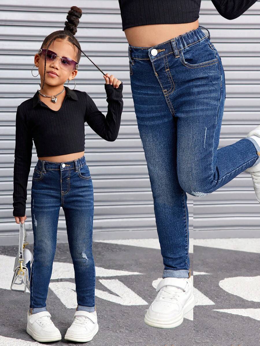 SHEIN Jeans en denim bleu vintage déchiré pour jeunes filles, tenue cool/tenue de Thanksgiving pour filles, vêtements d'automne et d'hiver pour filles