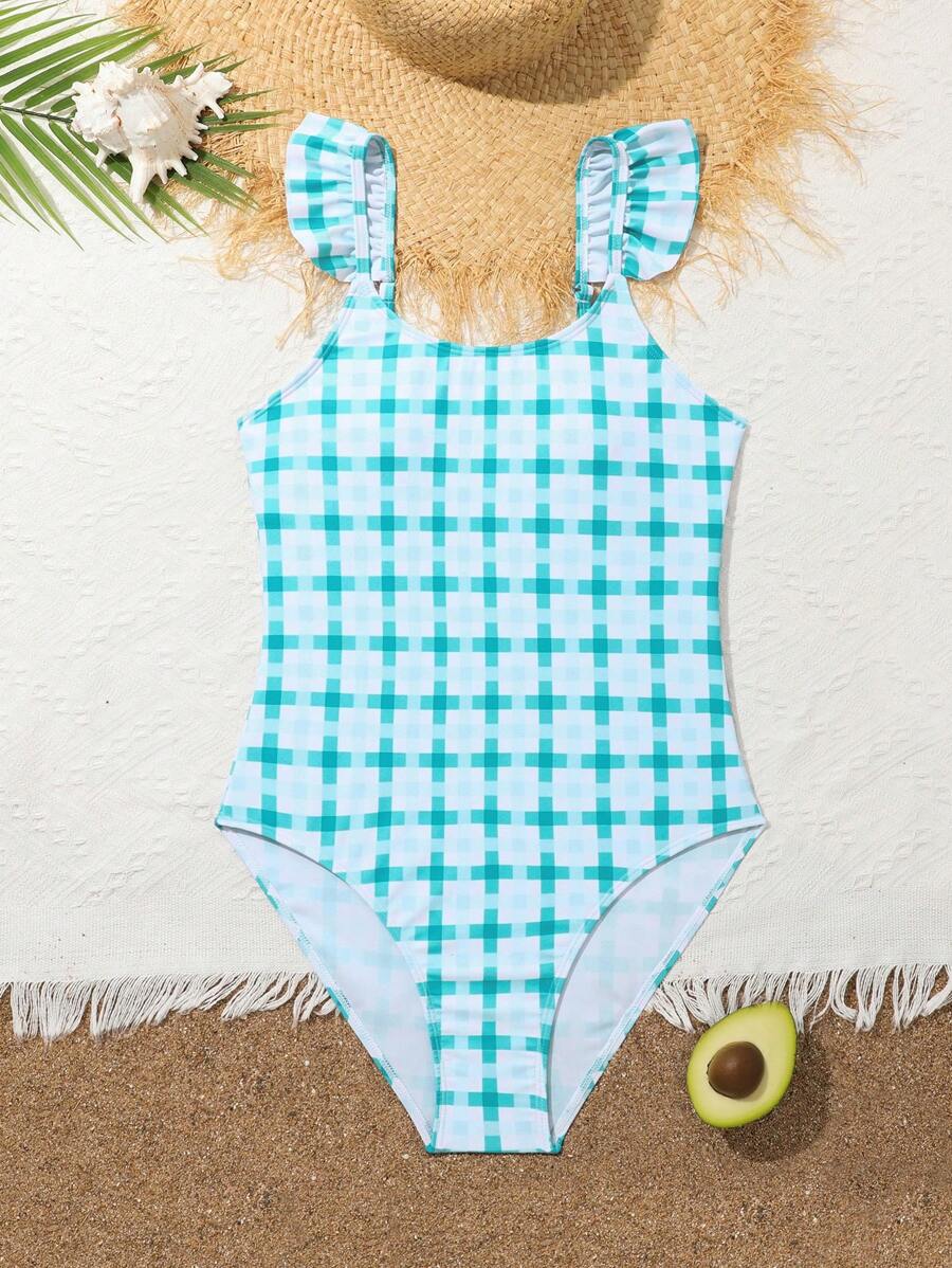Traje de baño informal de una pieza con estampado de cuadros y ribete de volantes para chica adolescente