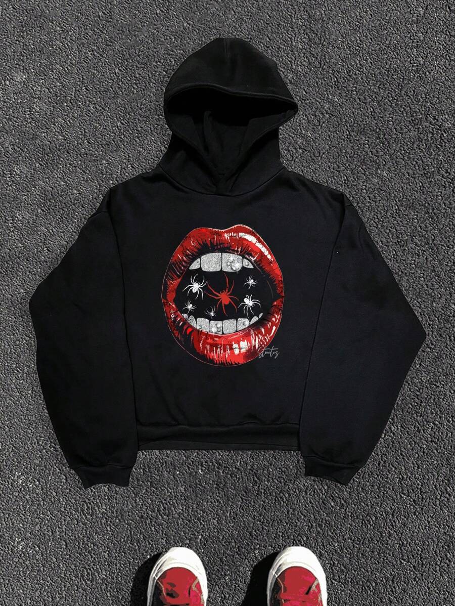 Manfinity VCAY 1 pieza Sudadera con capucha casual con estampado de labios para hombre, sudadera con capucha de manga larga con diseño gráfico para salir, regalo para amigos, esposo, novio
