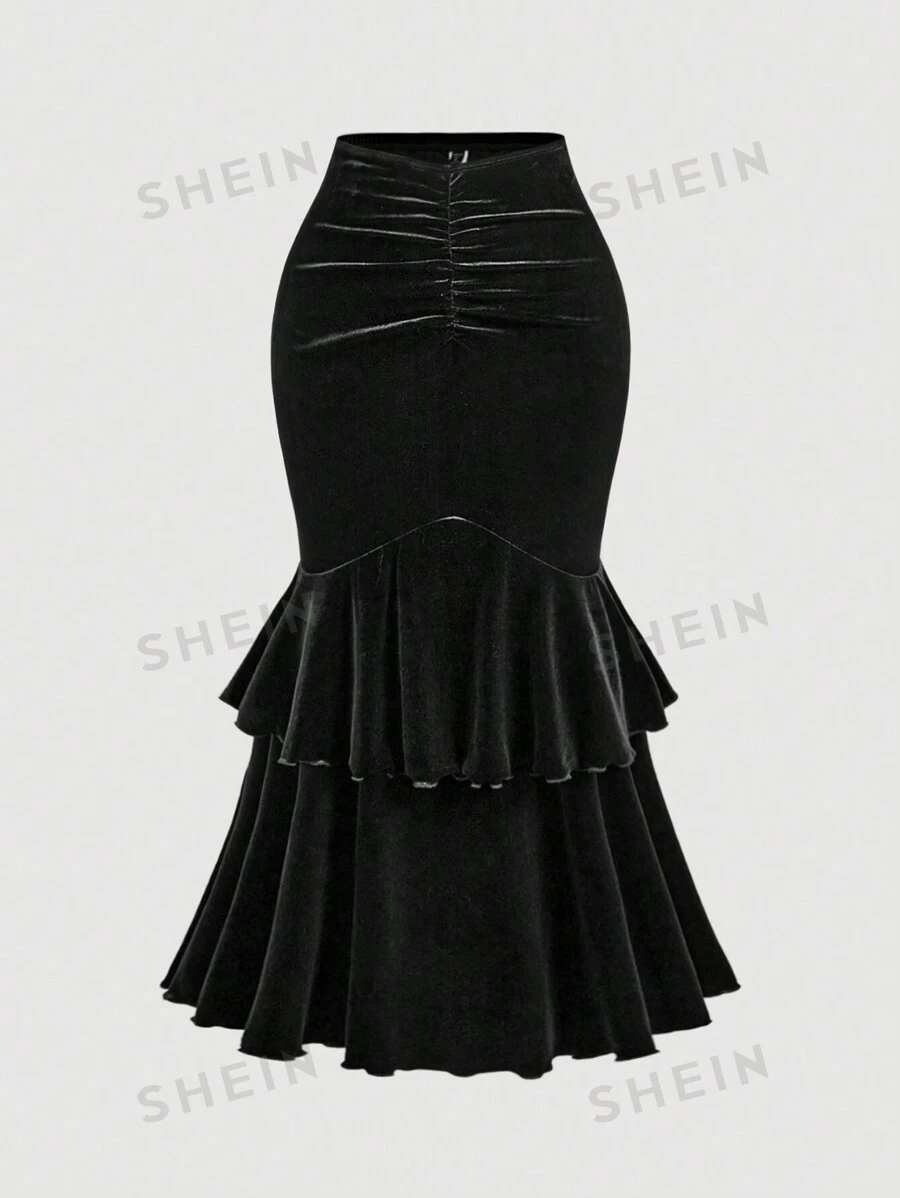 SHEIN MOD Falda de cola de sirena con volantes negra de estilo retro para tallas grandes