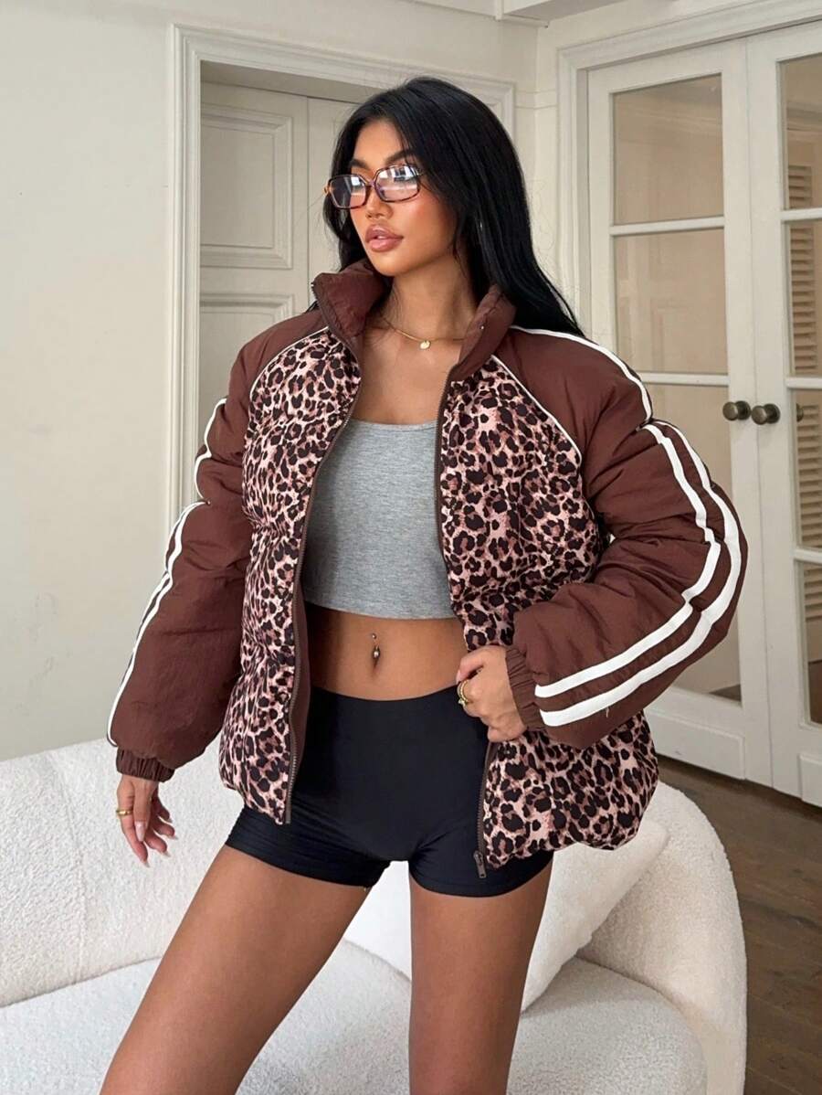 SHEIN EZwear Women's New Leopard Print Winter Jacket, Casual Simple And Fashionable For Daily Wear