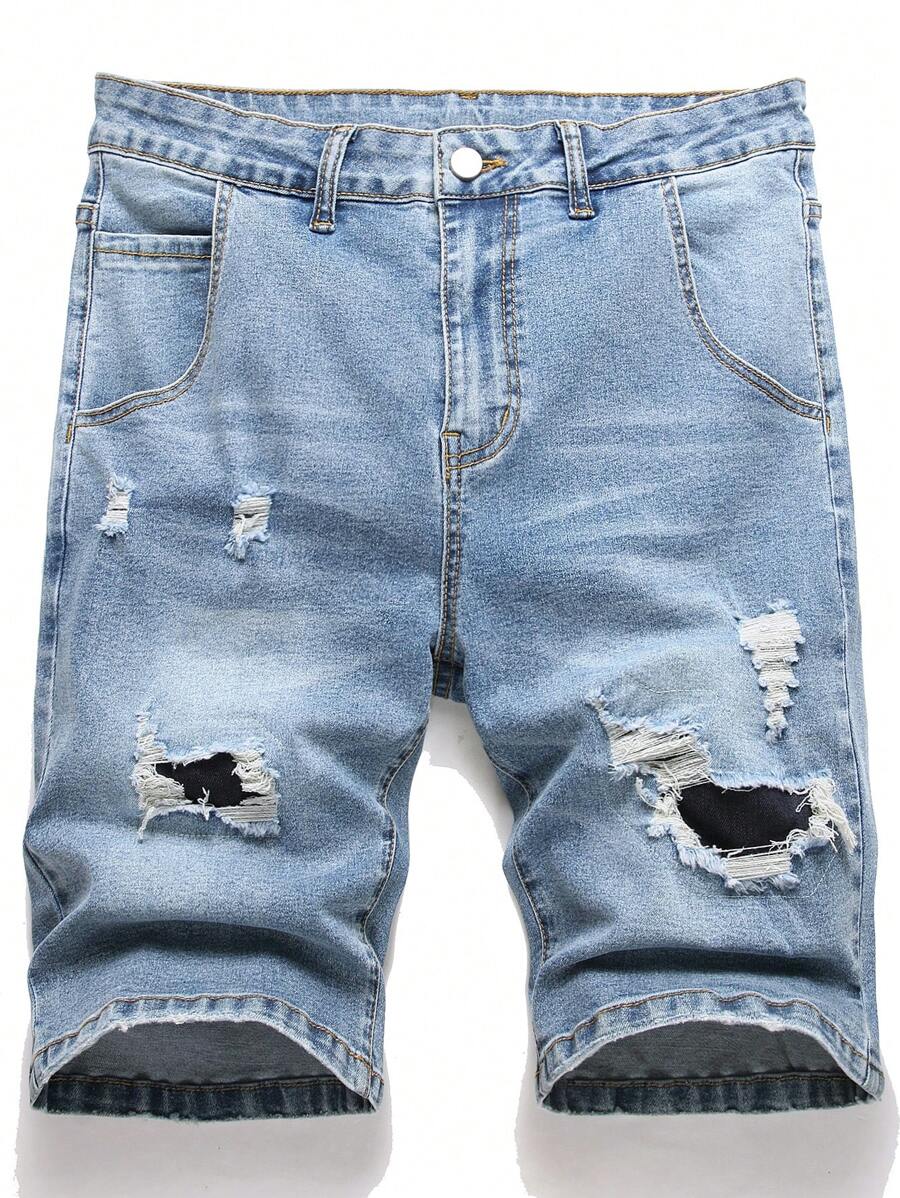 Manfinity EMRG Men's Front Button Pocket Distressed Casual Denim Shorts