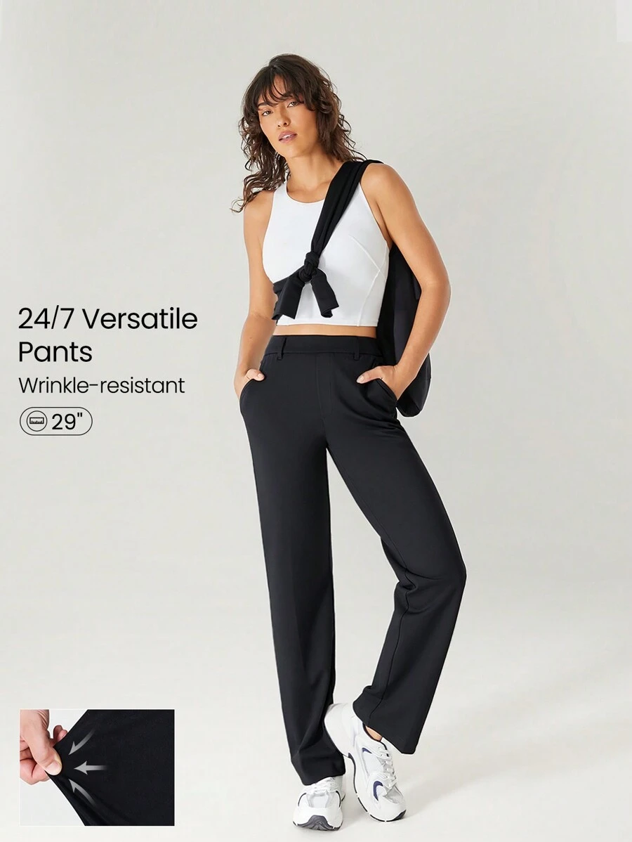 GLOWMODE 29" Versatile Wrinkle-Resistant Stretchy Straight Leg High-Waist Work Pants With Side Pockets Daily Casual Office