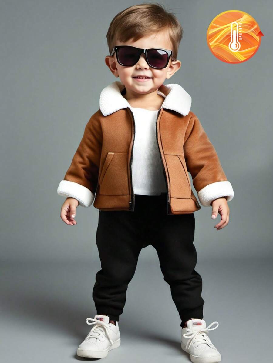 SHEIN Baby Boys Winter Outfit: 1) Brown Solid Color Lapel Jacket Top 2) Black Warm Fleece Thick Pants. Minimalist Design, Zipper Opening, Suitable For Various Occasions