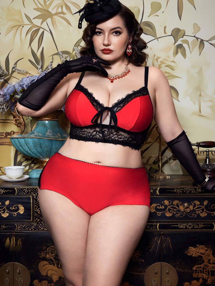 PinupGlam 2pcs Plus Size Romantic Elegant Vintage Floral Lace Curvy Wireless Bralette And Soft Ribbon Comfy Homewear Set