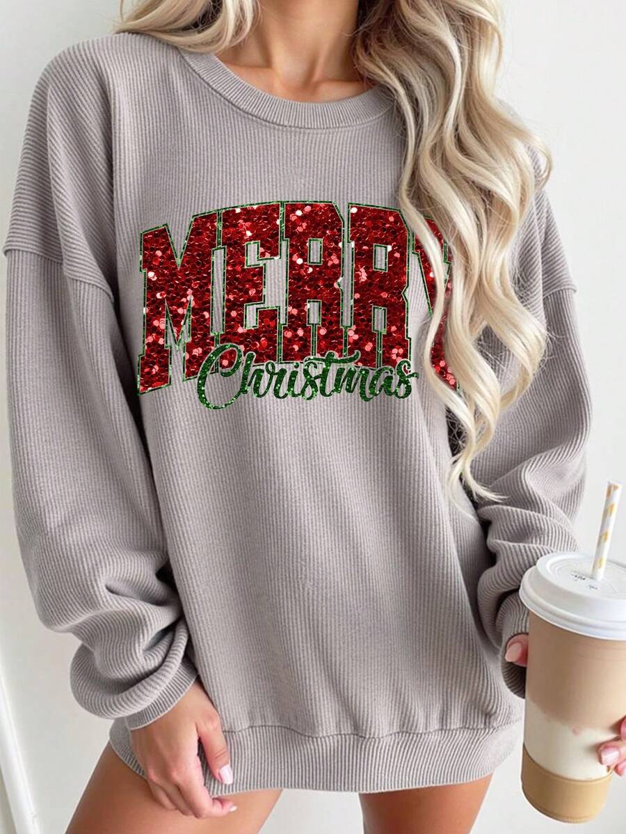 SHEIN LUNE Merry Christmas Print Crew Neck Sweatshirt For Women, Long Sleeve Pullover, Autumn/Winter