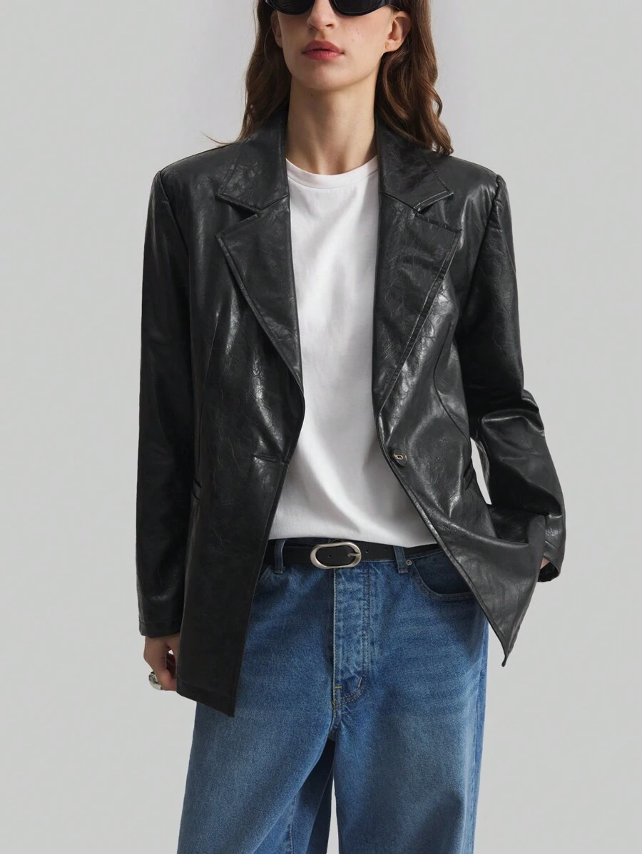 Ontre Ladies 2025 New Black PU Single-Button Pocket Casual Loose Long Sleeve Jacket, Daily, Work, Valentine's Day, Spring