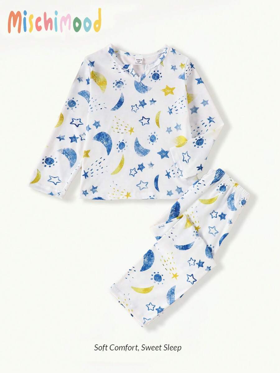 SHEIN Kleine Jungen 2-teiliges Pyjama-Set mit Stern- und Mond-Muster, elegant, bequem, langärmelig, Hemd und langer Hose