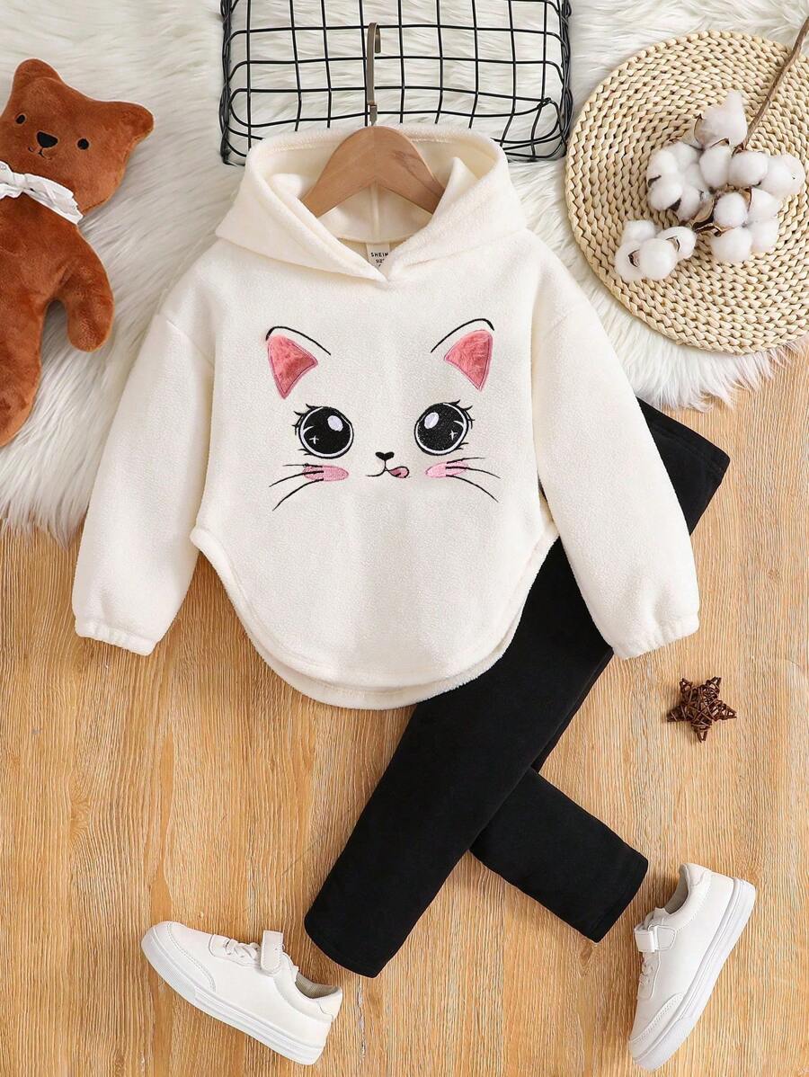 2 piezas - Conjunto de niña joven con sudadera con capucha con gráfico lindo de gato y pantalones acampanados de punto ajustados