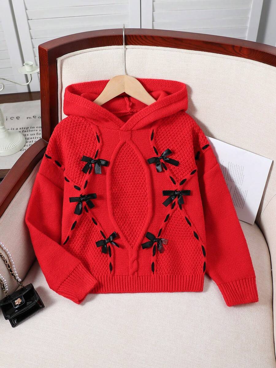 SHEIN Moda para meninas pré-adolescentes, suéter com capuz solto vermelho com laço 3D preto e padrão de linha, outono/inverno