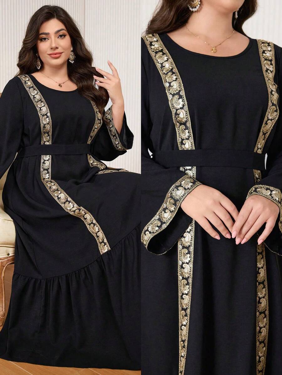 Al Najma Plus Size Long Sleeve Round Neck Ribbon Patchwork Elegant Party Dress Maxi Women Outfit