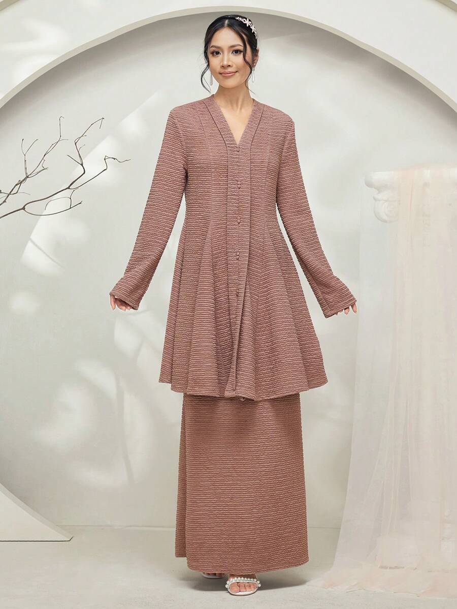 Veilorie Baju Kebaya 2pcs Set: Long Sleeve Long Top + Straight A-Line Midi Skirt Modest
