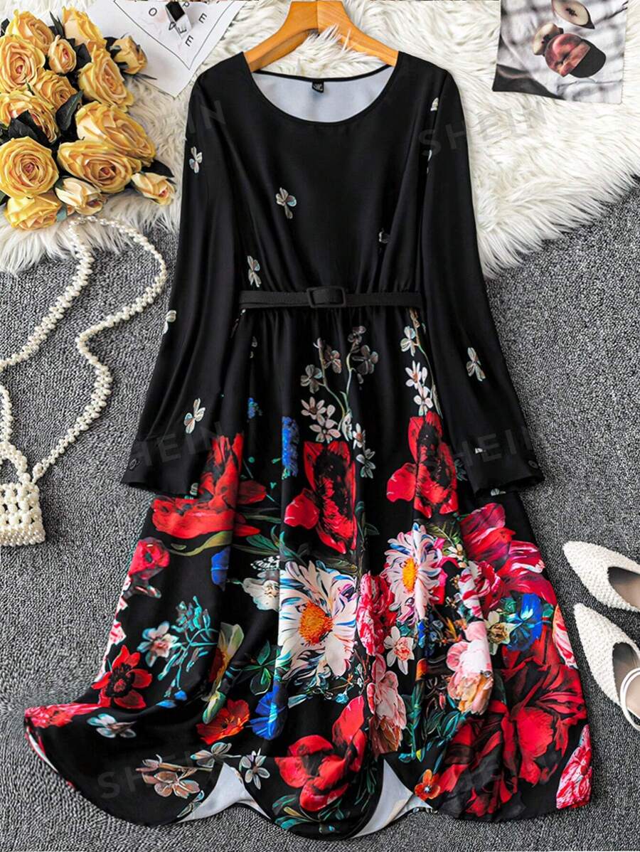 SHEIN Clasi Vestido maxi de manga larga negro de talla grande con estampado floral elegante para mujer