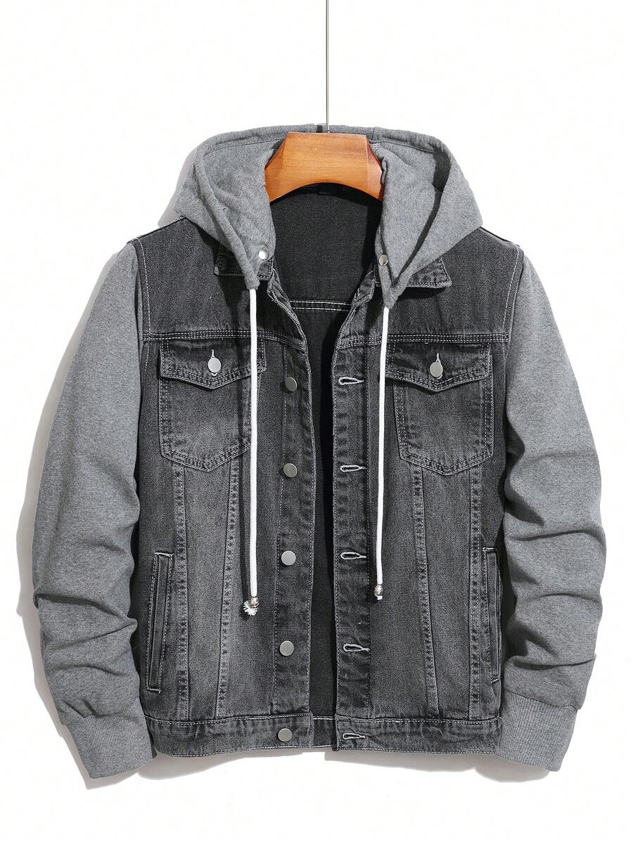 Manfinity Hypemode Veste en jean à capuchon décontractée homme à manches longues avec boutons avant en couleur unie et patchs
