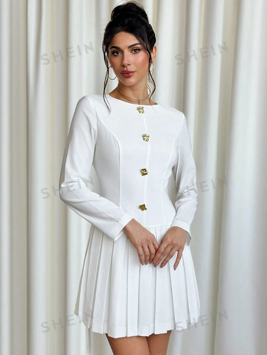 Firerie Nuevo vestido mini de línea A elegante y sencillo de estilo universitario, con cuello redondo, ajuste ceñido, fruncido en la cintura y dobladillo plisado en blanco, perfecto para el otoño/invierno y ocasiones de negocios casuales