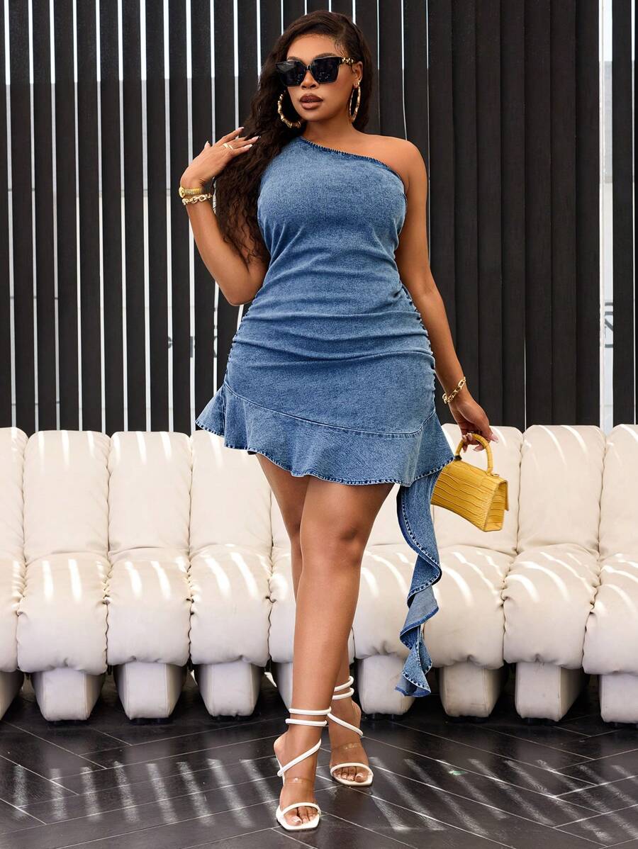 SHEIN SXY Plus Size Women Denim Ruffle Sleeveless Ruched Hem Sexy Midi Dress