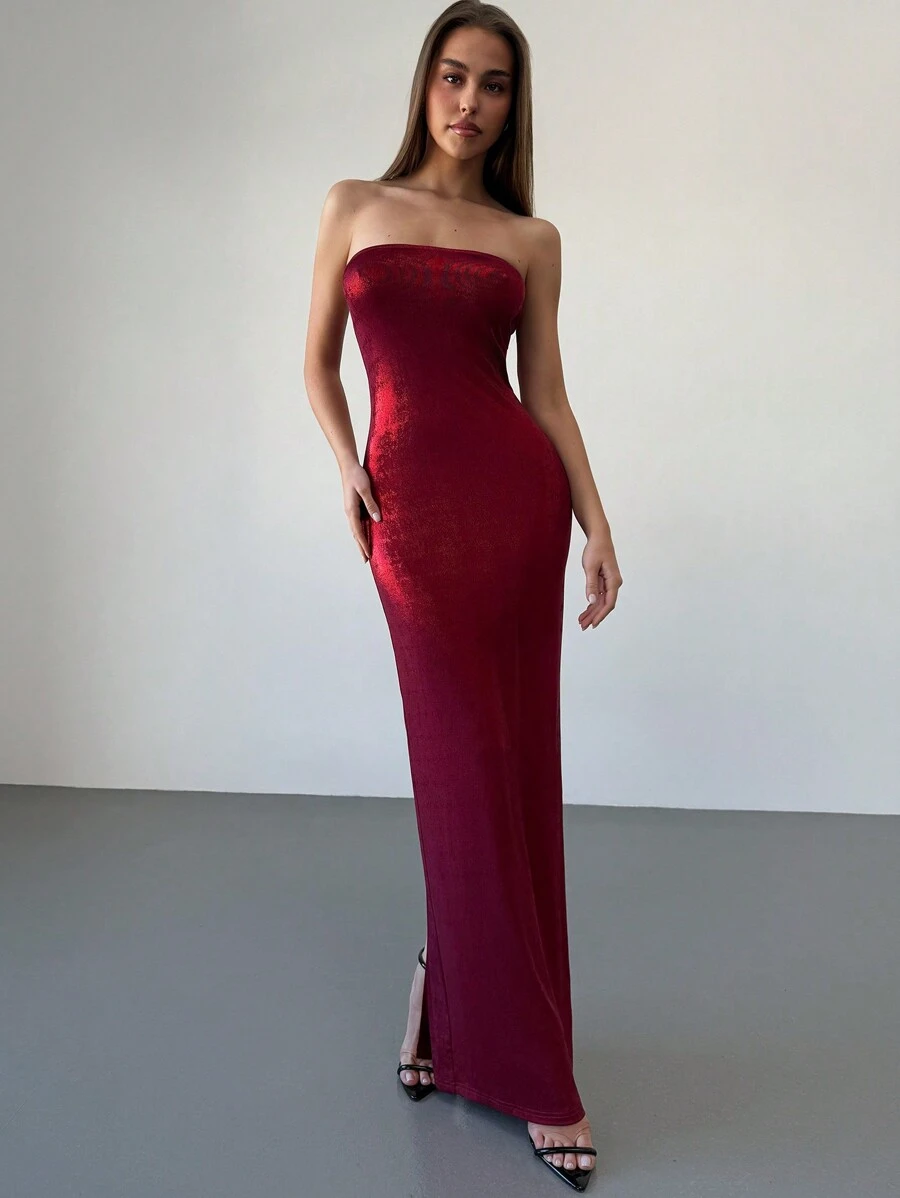 Aloruh Elegant Shimmery Strapless Maxi Party Dress, Wine Red Color