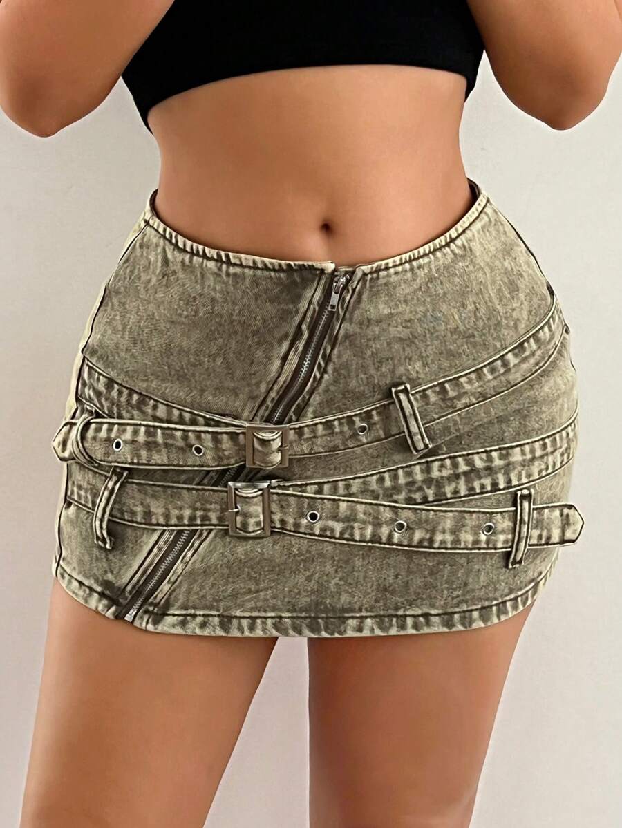 SHEIN ICON Women's Low Waist Denim Mini Skirt With Decorative Buckle