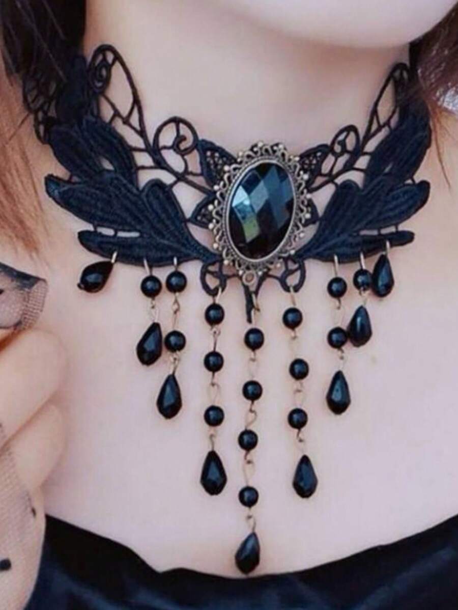 ROMWE Goth Punk Cross Lace Necklace, Lolita Gothic Vintage Niche Choker Collar Necklace For Women