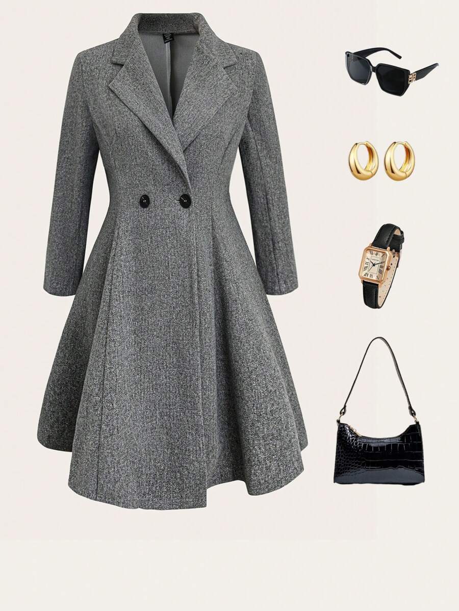 Celure Abrigo elegante de solapa y doble botonadura de manga larga en unicolor para mujer talla grande, otoño/invierno