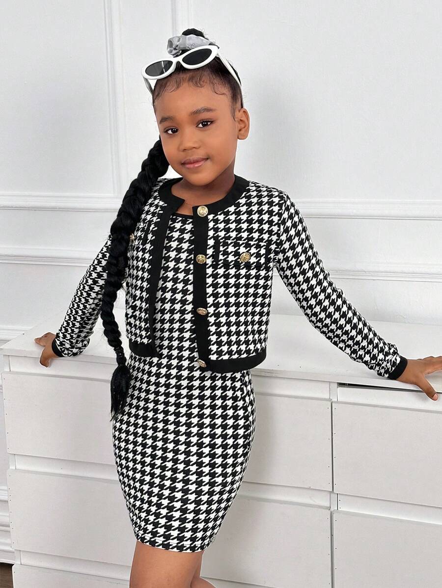 Nova Glow Tween Girl Tween Girl Casual Houndstooth Cardigan Jacket & Slip Dress 2szt. Zestaw