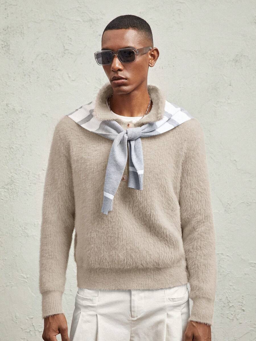 AKNOTIC Business Casual Cárdigan corto casual de media cremallera con cuello de polo, ajuste delgado, de punto de seudocashmere de visón para hombres
