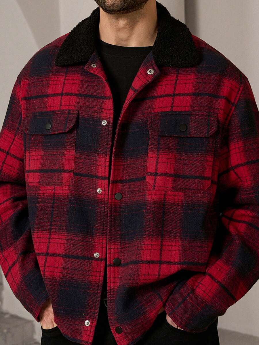 Manfinity ModaGents Men's Woven Fashionable Casual Loose Plaid Overcoat, Suitable For Going Out, Fashion Warm Overcoat, For Friends, Husband, Boyfriend Gifts